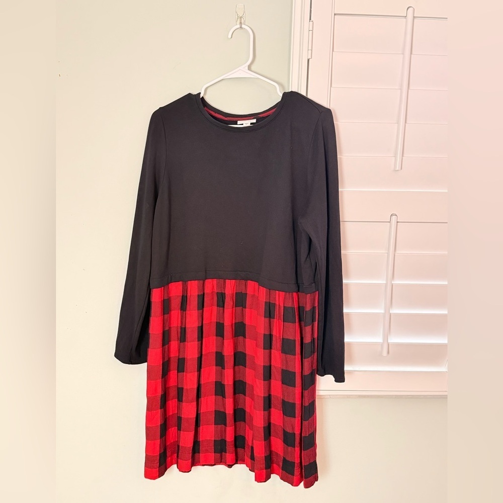 J.Jill Buffalo Plaid Mixed Media Dress Black Red Large - Picture 2 of 7